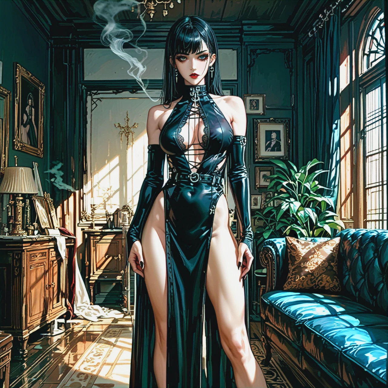 1girl, (skinny), black hair, (black_eyes), (legs_apart), goth clothes, (large_breasts), room, (standing), smoking