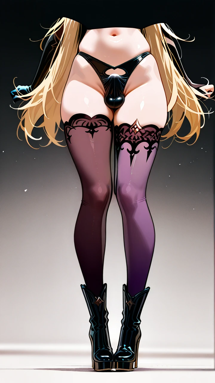 @fischl, (otoko_no_ko), twin_ponytails, blonde_hair, ankle_boots, penis_bulge, elbow_gloves, highheels, (green_eyes), slim_legs,  (cropped_shoulders), eye_patch, erection_under_clothes, (smile), (blush), chocker, (standing), pointy_ears,