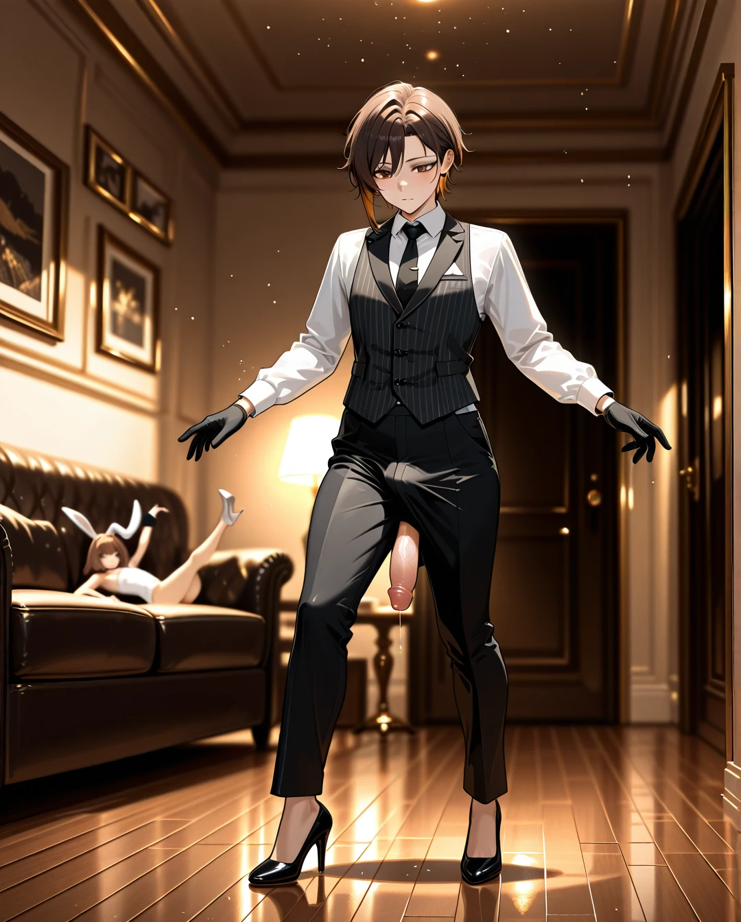 (fat) (futanari) (reverse_trap), brunette trimmed hair, flat chest, black striped buttoned-up waistcoat, white long sleeve shirt, black tie, black gloves, black striped long trousers, black high heel pumps, living room, tap dancing, penis out, fur bunny mask