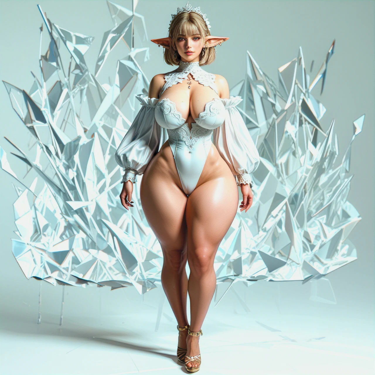 Sexy and seductive female goblin whit big ass, big boobs, big hips and big thighs, curvy body detailed, full body front view,3d render