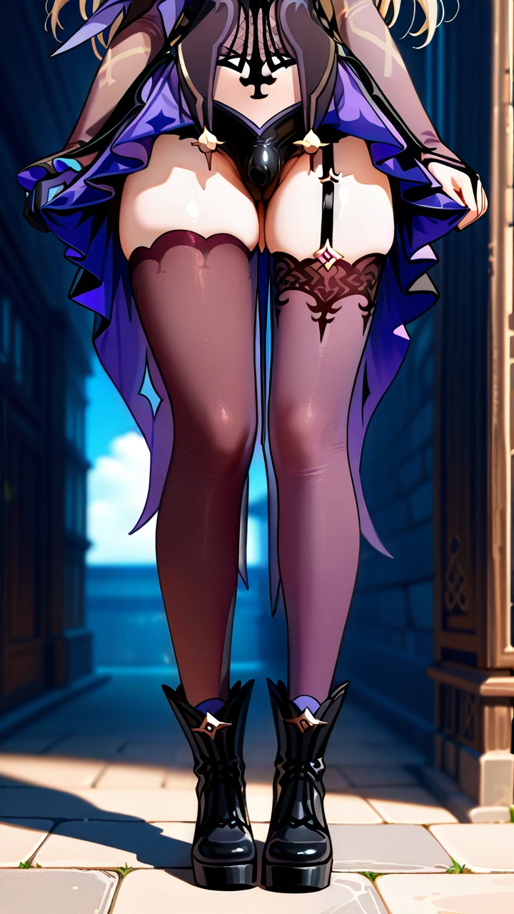 @fischl, (otoko_no_ko), twin_ponytails, blonde_hair, ankle_boots, penis_bulge, elbow_gloves, (green_eyes), slim_legs,  (cropped_shoulders), eye_patch, erection_under_clothes, (blush), chocker, (standing), pointy_ears,