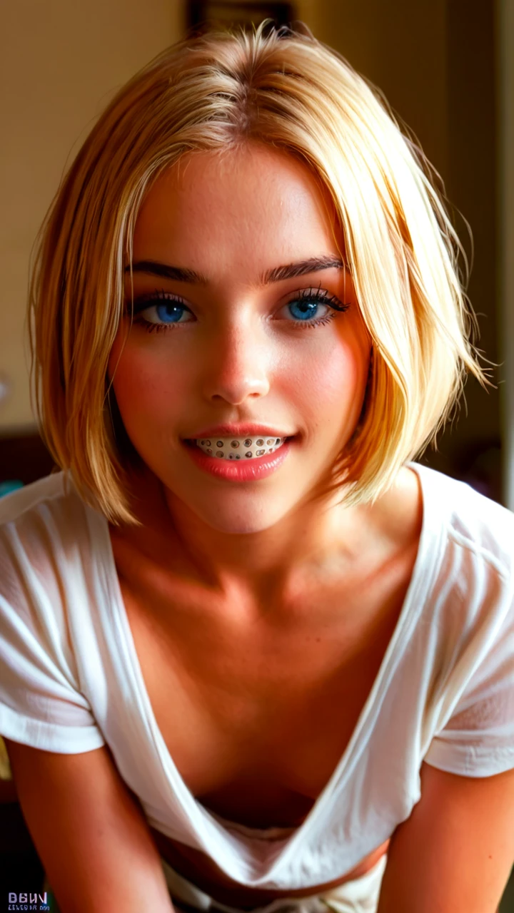 (Blonde), (down blouse view), (big eyes), (flat chest), (shirt), (no bra), (bent forward), (braces), (bob haircut)