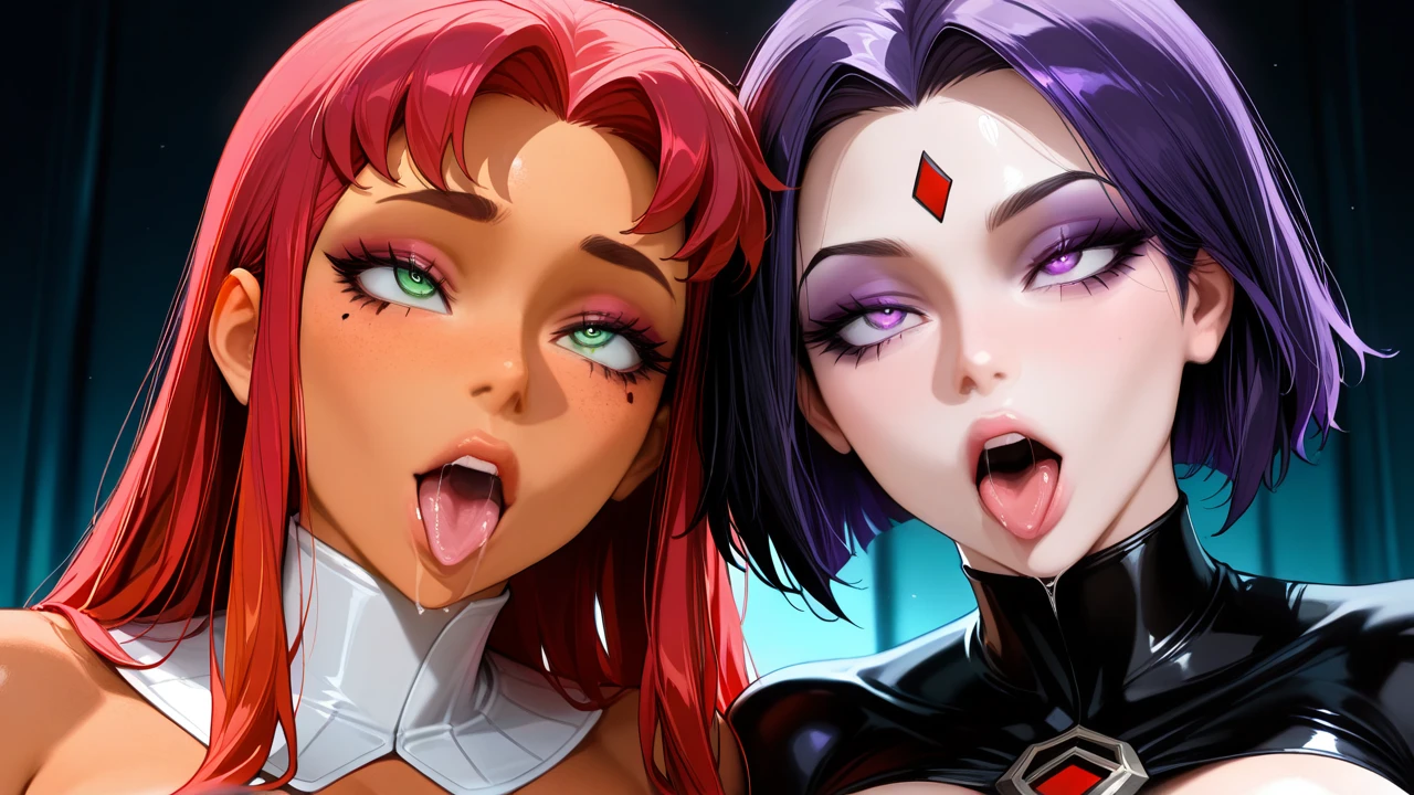 @raven use superpower to mind control @starfire with @harley_quinn. Girls makes (ahegao)