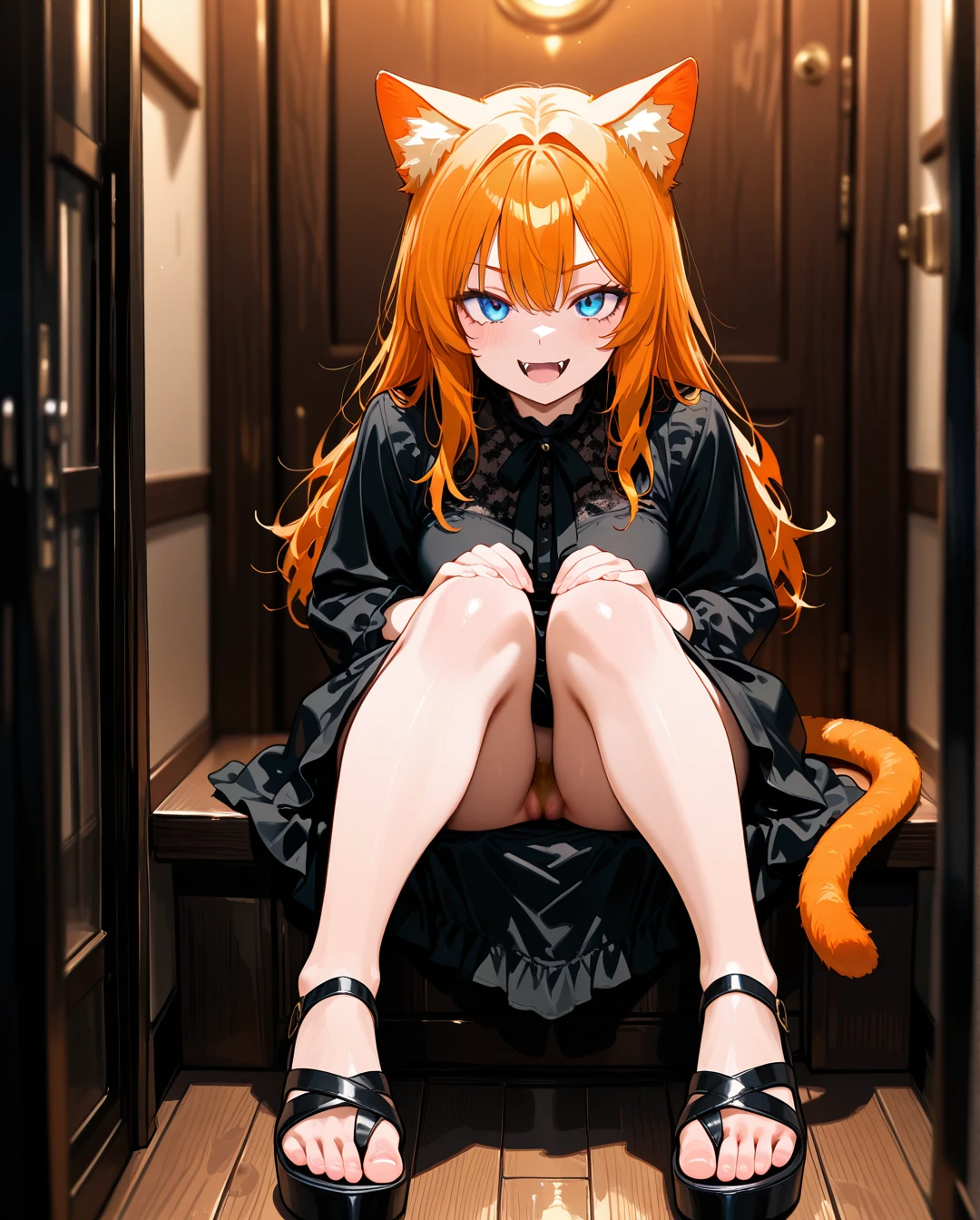 A girl, long hair, ginger hair, cat ears, cat tail, ginger pubic hair, fangs, blue eyes, looking on viewer, black dress, sandals, toes, (sitting) table