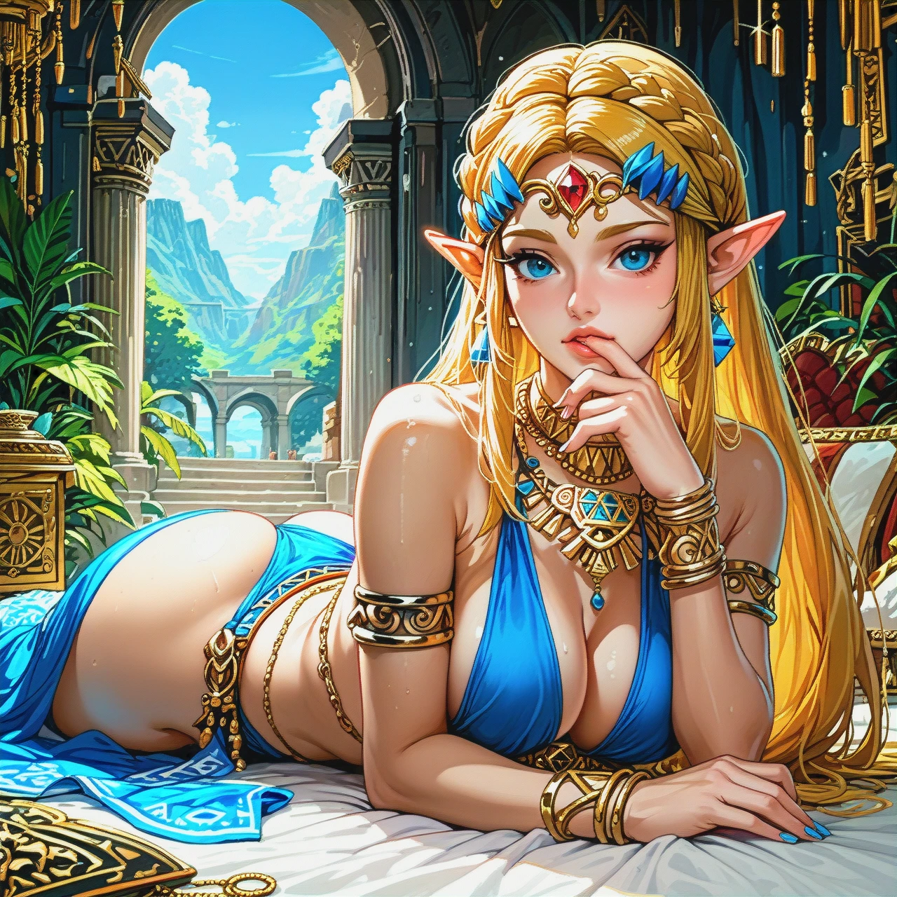 @princess_zelda , harem outfit, perfect body, (large_breasts) , big ass, (hand_to_own_mouth) ,