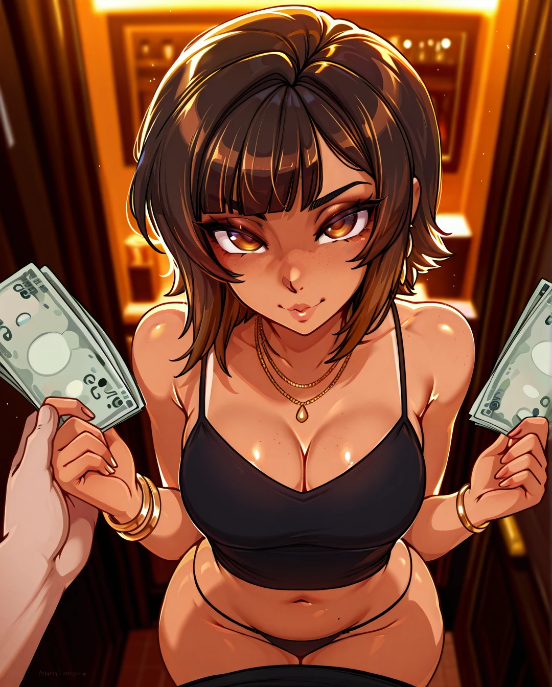 @meruccubus,1girl, money, jewelry, panties, underwear, necklace, prostitution, black_panties, brown_hair, bracelet, brown_eyes, looking_at_viewer, solo_focus, pov, lips, holding, camisole, 1boy, navel