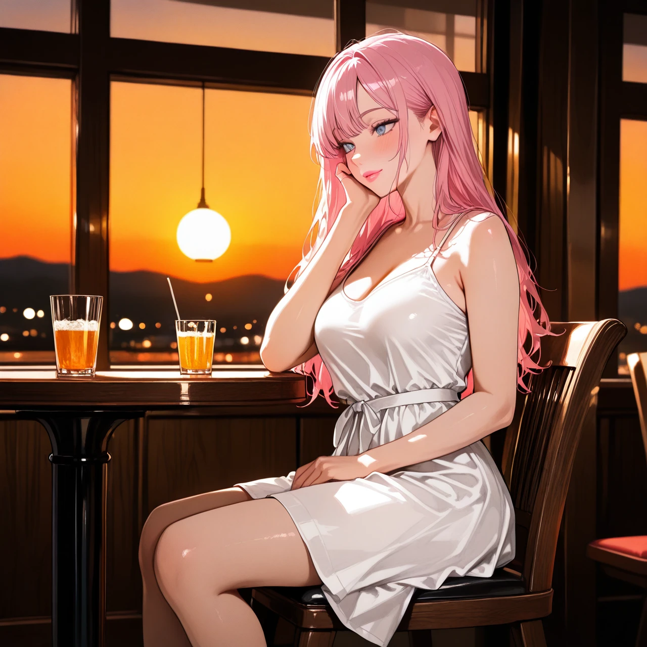 Young woman, long hair, dull pink hair, medium breasts, cute face, wearing white dress, pink lips, sitting on chair, in restaurant, evening, hand on own cheek, smile