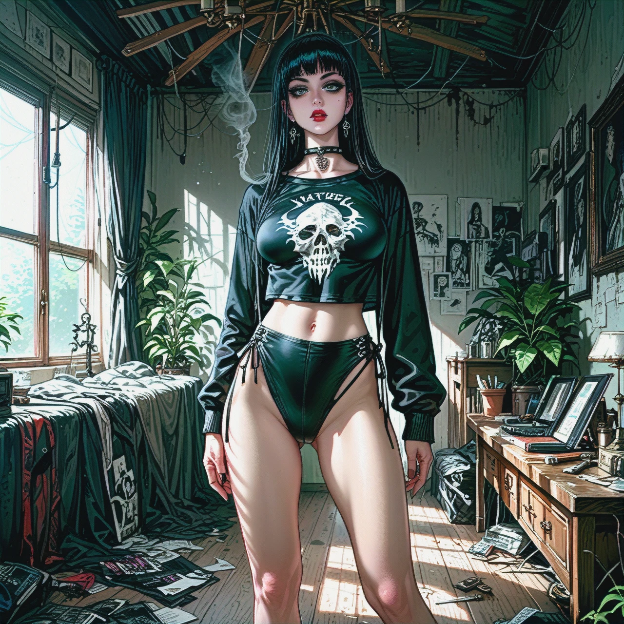 1girl, (skinny), black hair, (black_eyes), (legs_apart), goth clothes, (large_breasts), room, (standing), smoking