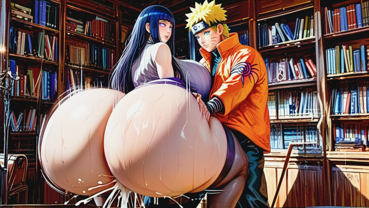 (curvy:1.1) @hyuuga_hinata, (sex), (standing), (ejaculating_while_penetrated), @uzumaki_naruto, massive sagging breasts, narrow waist, (gigantic ass:1.2), public library