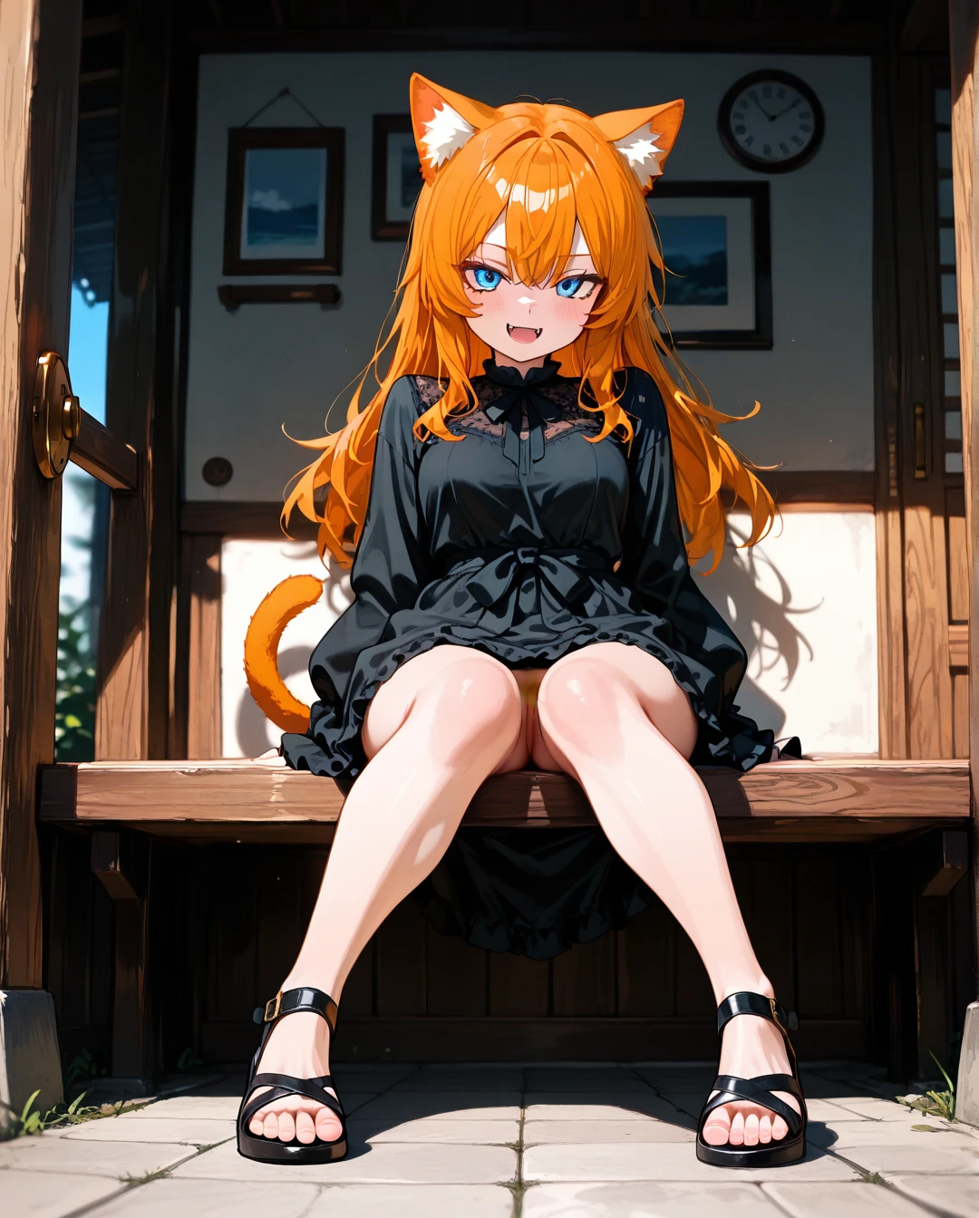 A girl, long hair, ginger hair, cat ears, cat tail, ginger pubic hair, fangs, blue eyes, looking on viewer, black dress, sandals, toes, (sitting) table