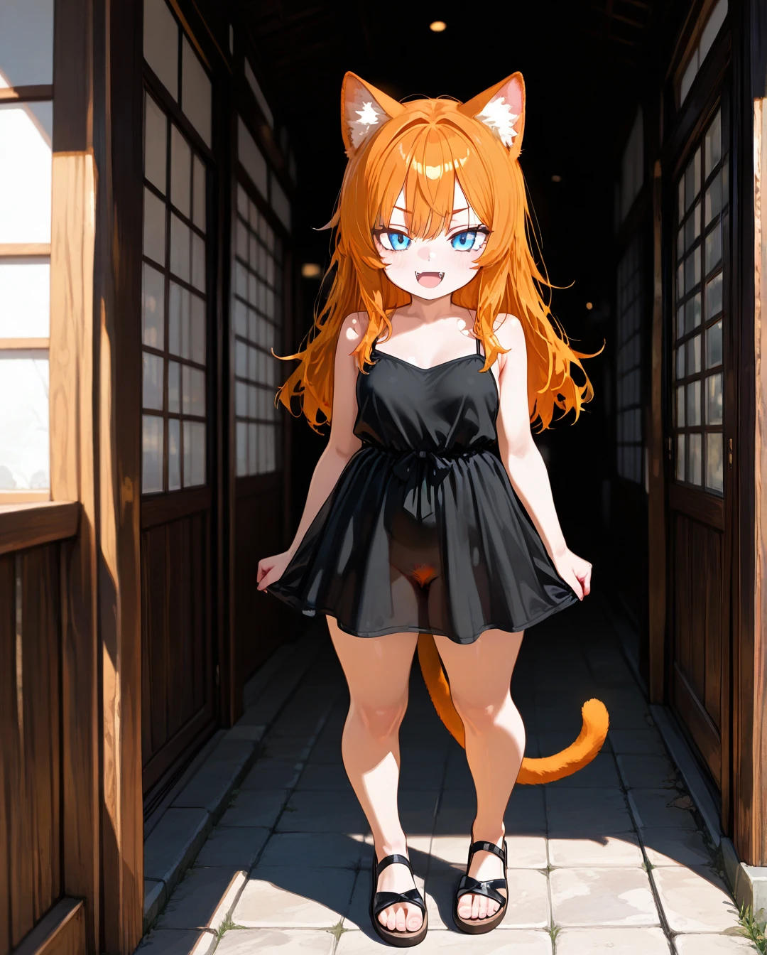 A girl, long hair, ginger hair, cat ears, cat tail, ginger pubic hair, fangs, blue eyes, looking on viewer, black dress, sandals, toes, shines,