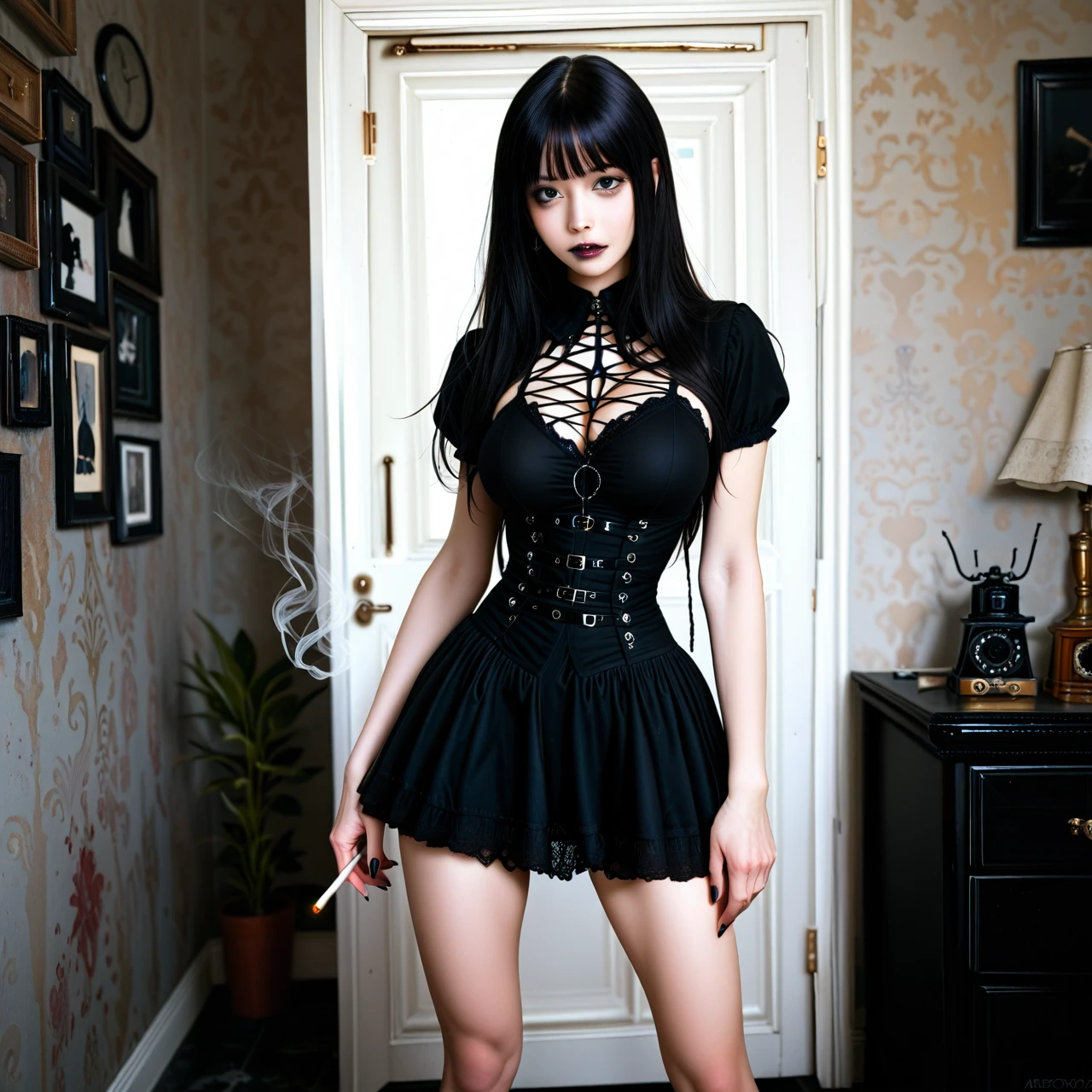 1girl, (skinny), black hair, (black_eyes), (legs_apart), goth clothes, (large_breasts), room, (standing), smoking