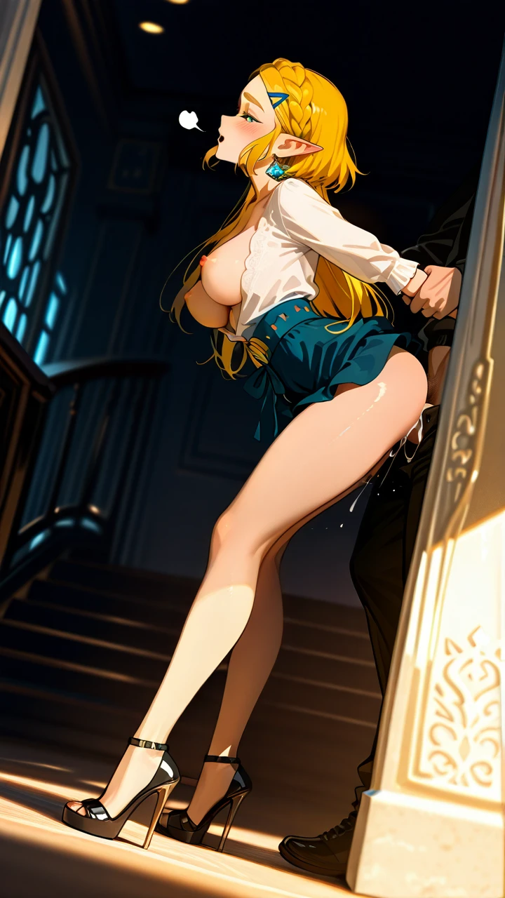 @princess_zelda,  (wide_shot), (dutch_angle), (full_body),  casual_clothes, casual_skirt, low_cut_blouse, stiletto_heels, casual_blouse,  (skinny),   (standing), (leaning),  (sigh), (open_mouth), (blush),   (sex), (sex_from_behind), (deep_penetration), (ejaculating_while_penetrated), (grabbing), (breasts_out), 1_boy,