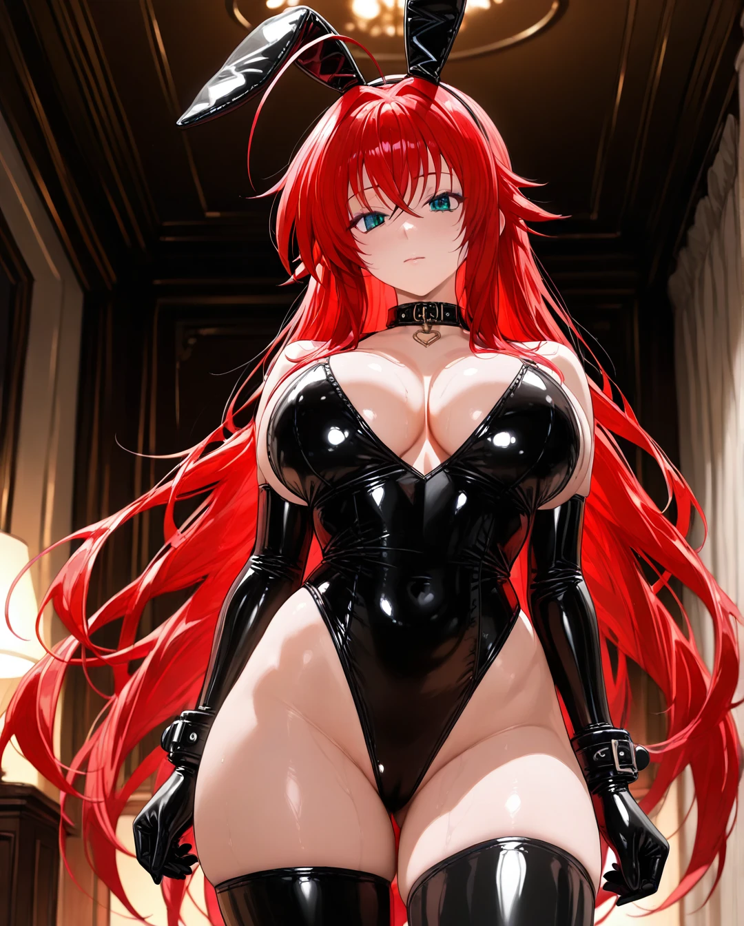 1 girl, Rias Gremory \(High School DxD\),latex rabbit costume, cuffs, collar with leash