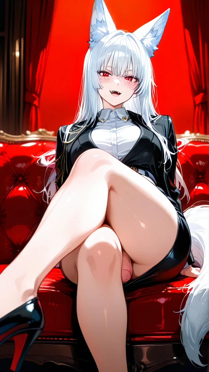 white hair, fox ears, fox tail, fangs, red eyes, freckles, looking on viewer, white pubic hair, (male_futanari) pencil skirt, shoe dankle, (crossed_legs)