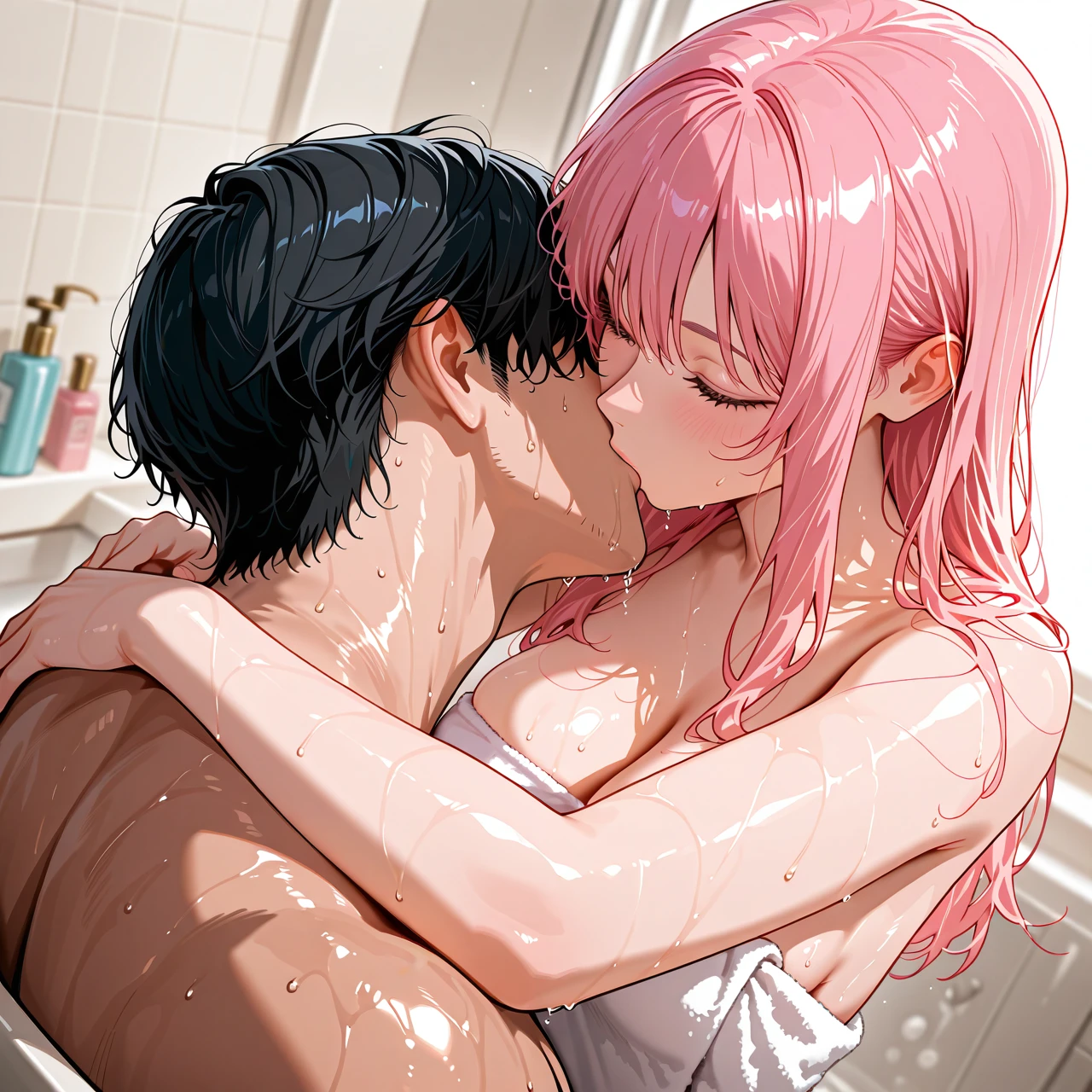 Young woman, long hair, dull pink hair, medium breasts, cute face, in towel, black haired young man, 1girl,1boy, in bathroom, wet, head down, kissing cock