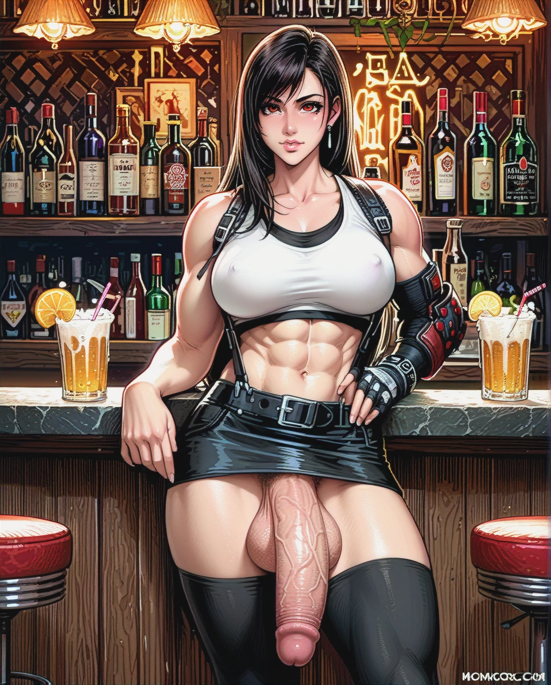 solo, futanari, tifa lockhart, busty, dense pubic hair, hyper big penis, big balls, flaccid penis, top tank, skirt, black stockings, abs, big muscular, bar