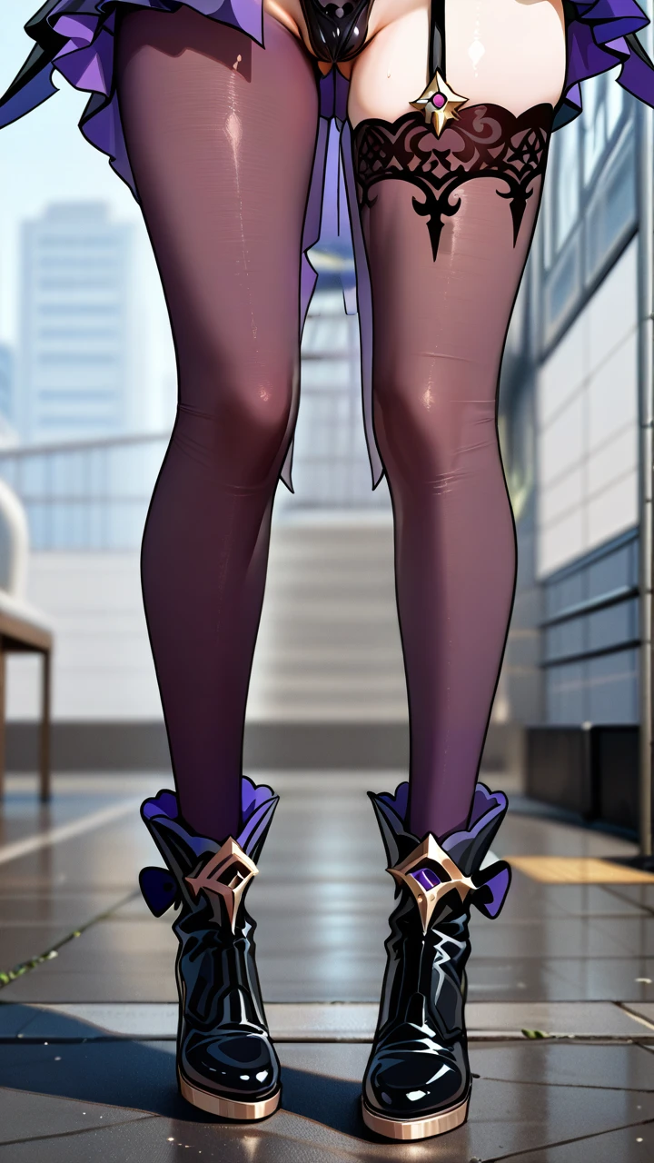 @fischl, (otoko_no_ko), twin_ponytails, blonde_hair, ankle_boots, penis_bulge, elbow_gloves, (green_eyes), slim_legs,  (cropped_shoulders), eye_patch, erection_under_clothes, (blush), chocker, (standing), pointy_ears,