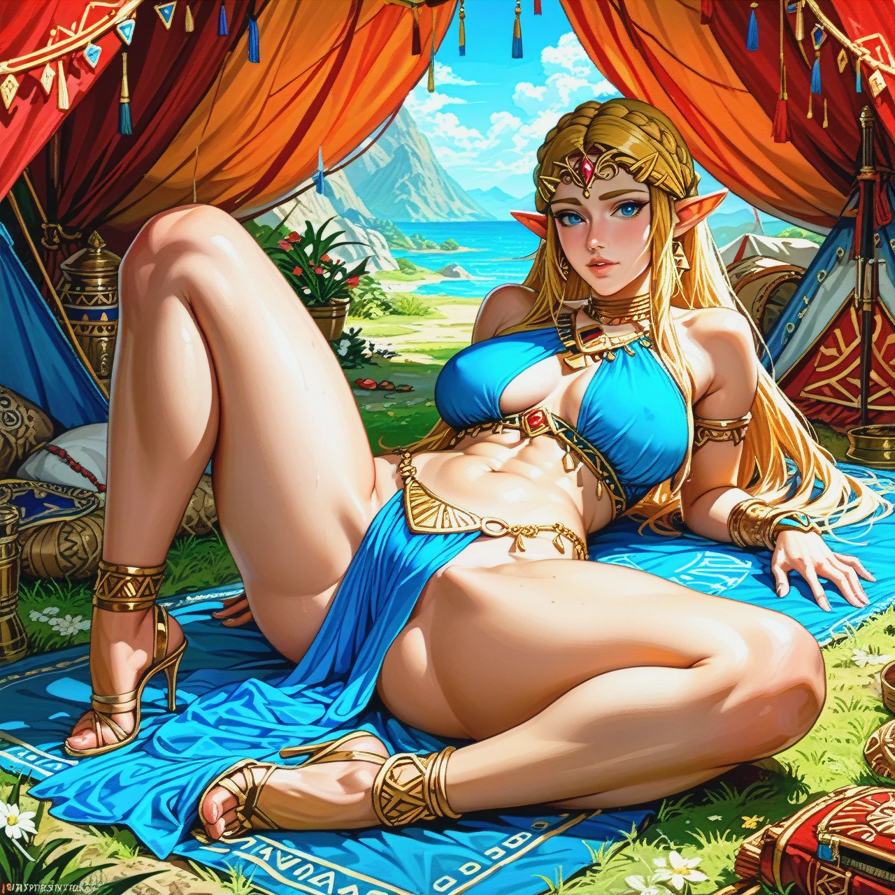 @princess_zelda , harem outfit, perfect body, (large_breasts) , big ass , (legs_apart) , tent, (lying)