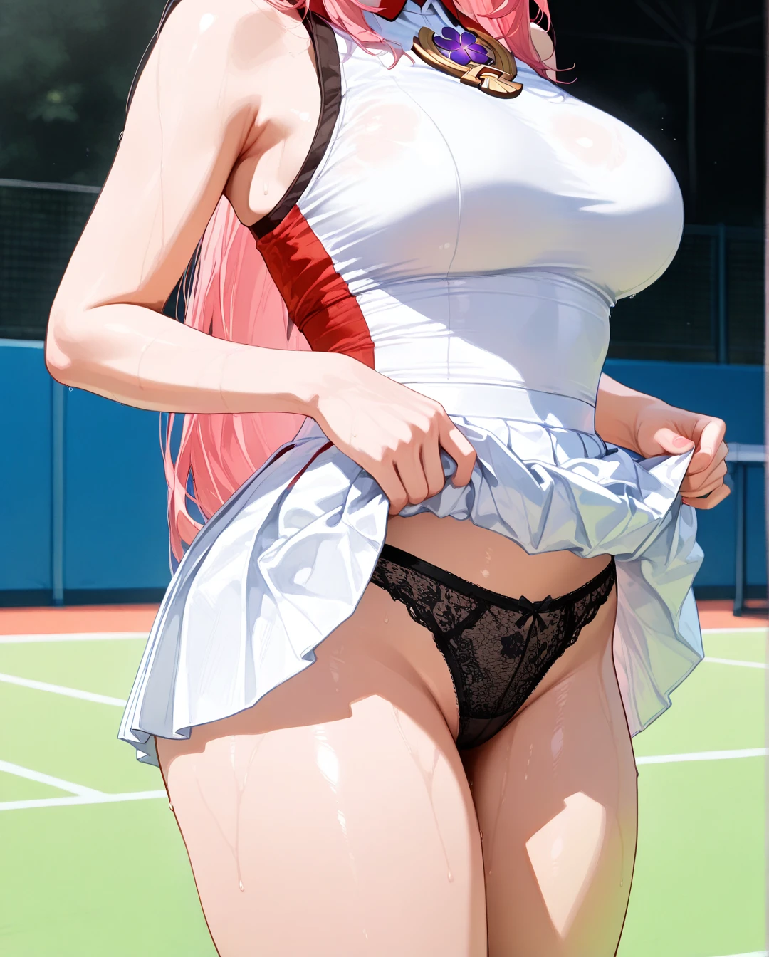 @yae_miko tennis uniform white, tennis court, (skirt_lift), slutty smile, black lace panties.