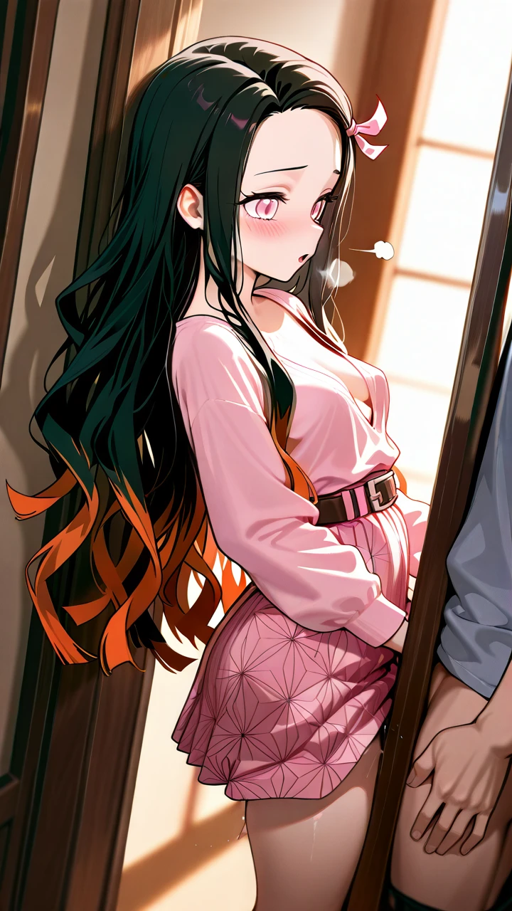 @kamado_nezuko,  (wide_shot), (dutch_angle), (full_body),   casual_clothes, skirt, low_cut_blouse, flat,   petite,   (standing), (leaning),   (sigh), (open_mouth), (blush),   (sex), (sex_from_behind), (deep_penetration), (grabbing), 1_boy, (breasts_out),