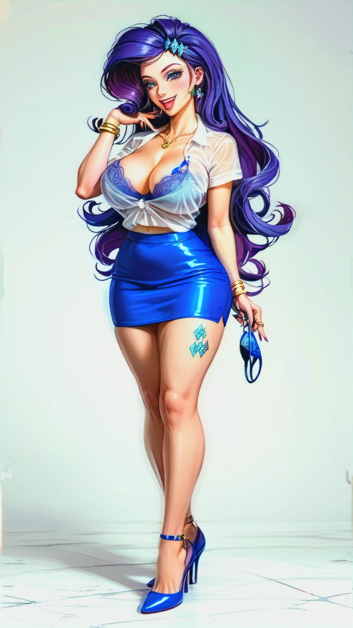 Rarity (Equestria Girls) (curvy body, big tits, see-thru shirt, removed bra, see-thru mini skirt, no panty, high heels, seductive smile, tongue out, diamond tattoo in thigh)