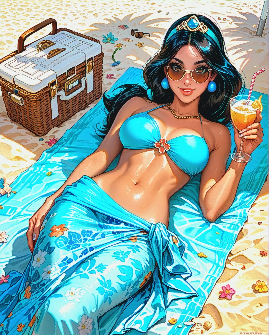 @princess_jasmine, brown skin, blue bikini, shear blue sarong, flower print, raised sunglasses, sunbathing, holding drink, laying on beach towel, hand stroking lower stomach, looking at viewer, smiling,