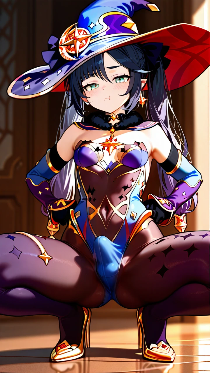 @mona, (otoko_no_ko), witch_hat, blue_hair, (grey_eyes), (pout), pointy_ears, elbow_gloves, penis_bulge, erection_under_clothes, (flat_chest), tights, highheels, slim_legs, (legs_apart), (hands_on_hips),