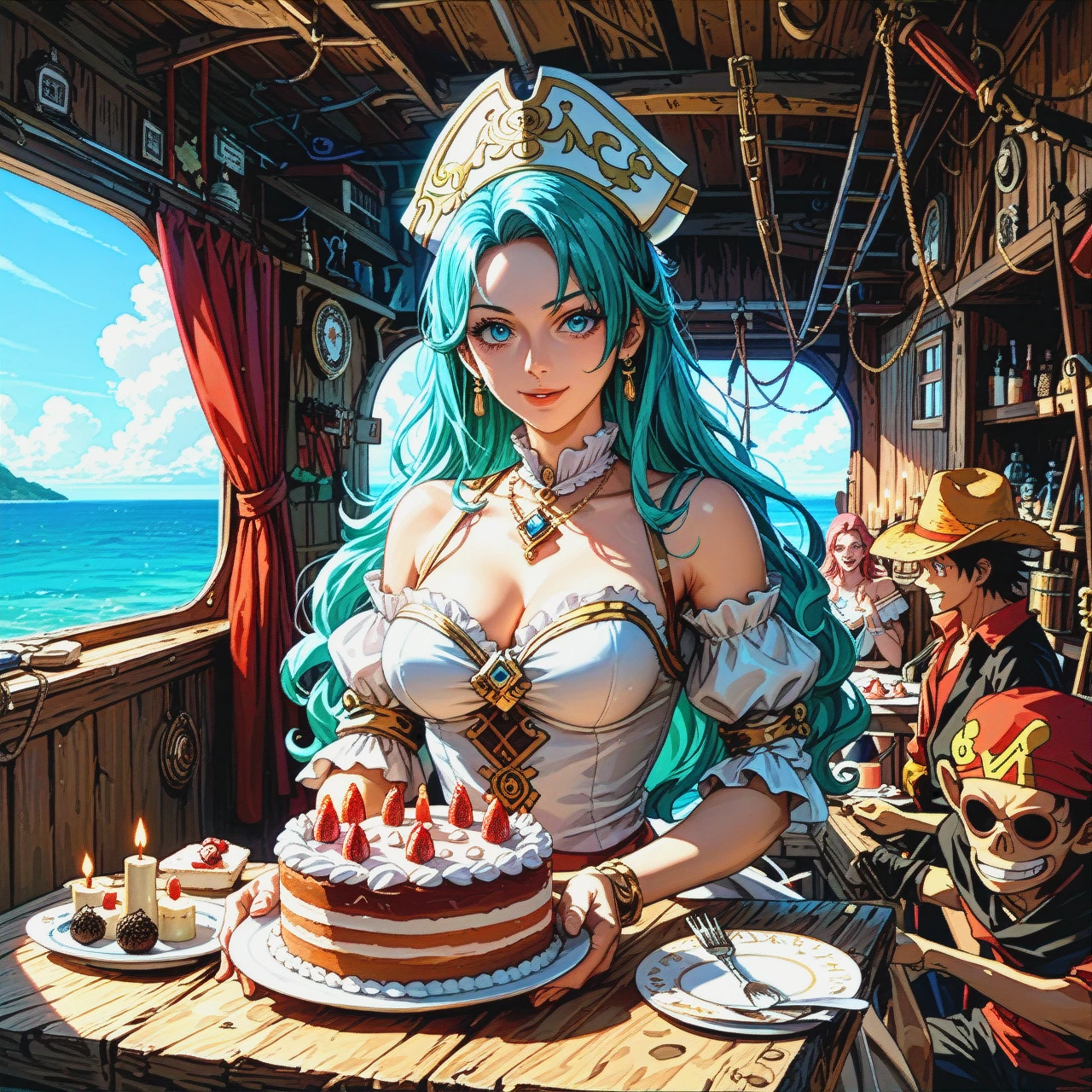 @monkey_d_luffy holds a cake with candles, smiles kindly at the camera and holds the cake out to the camera. The background is a pirate ship cabin.