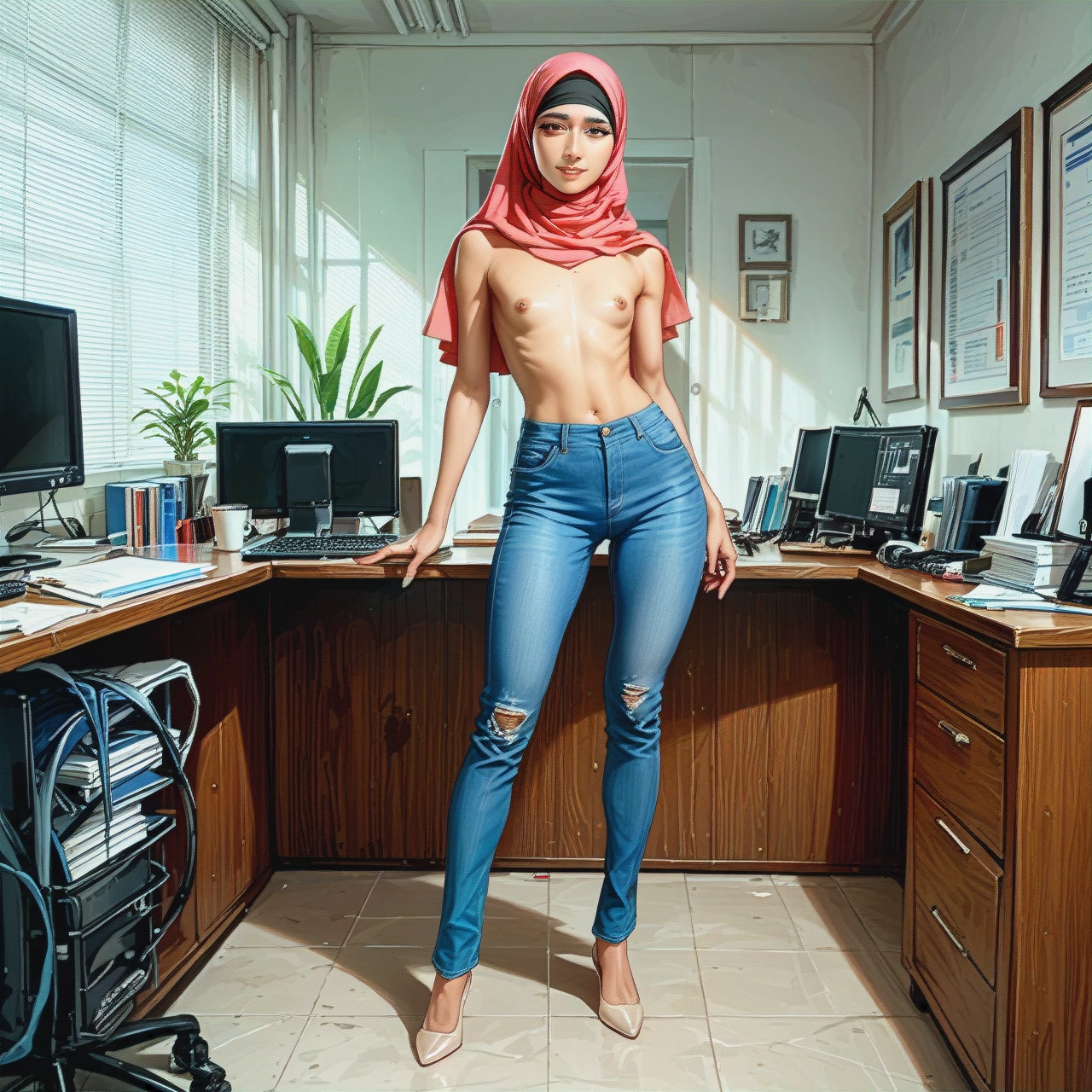 Skinny tall asian anime girl flat chested wearing hijab, long sleeved dress and slim fit jeans, indoor in office, tired eyes, smiling weakly, full body standing, anal open, naked, anal insert