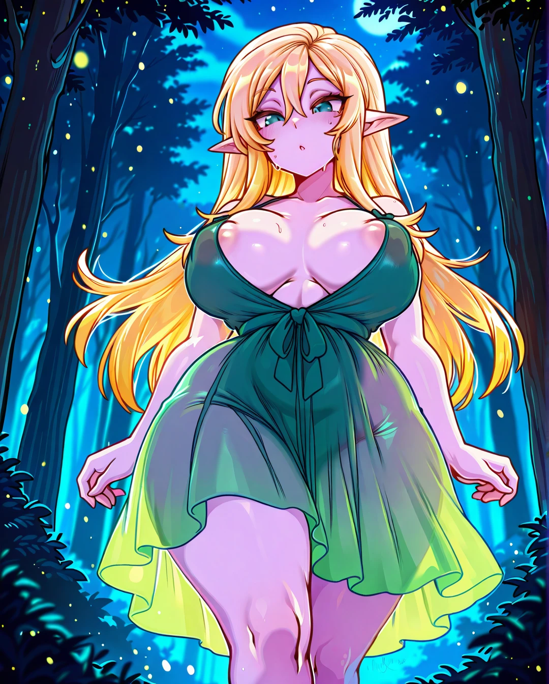 elf, Light Purple Skin, Blonde, merunyaa, solo, long hair, wide hips, (plump), (huge_breasts), puffy nipples, see-through green flare skirt sundress, functionally nude, no underwear, walking, night, forest