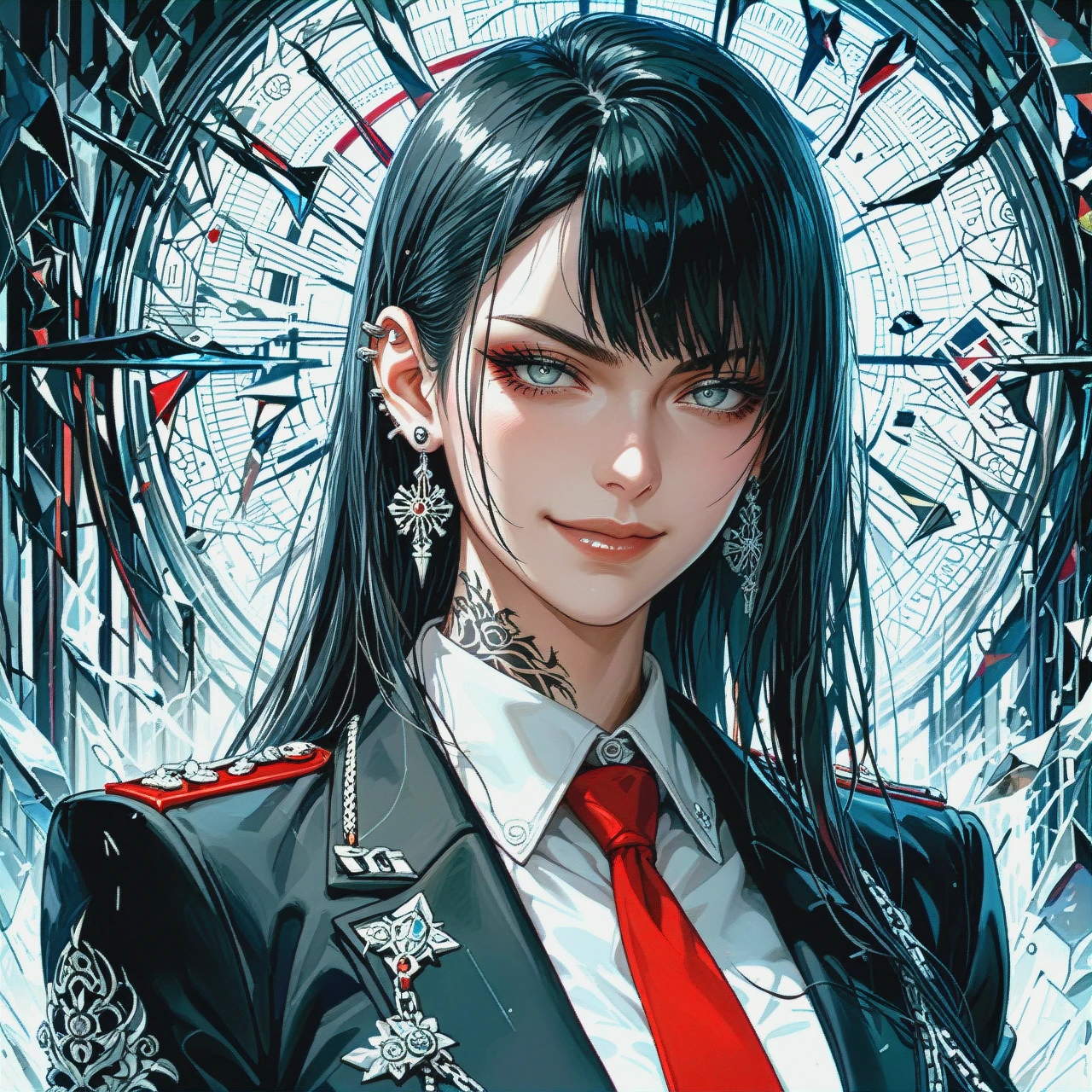 Woman 30 years old. Long black hair. Gray eyes. Suit with red tie. Smirk. Background broken mirror. Tattoo 3 diamonds under the eye. Silver ear piercing chains.