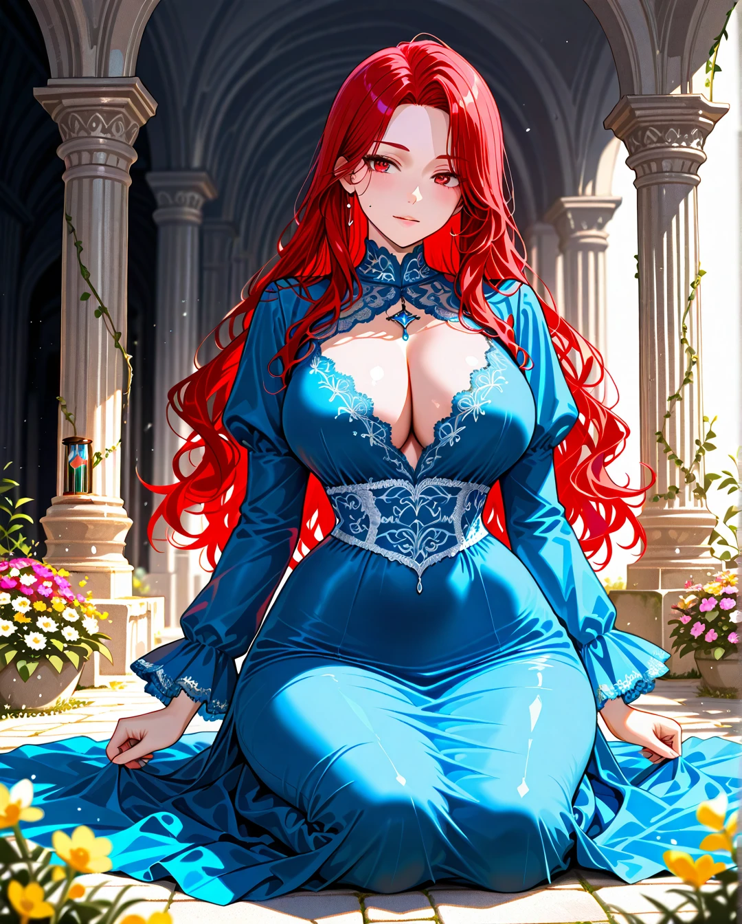 (bright white background room), (white backdrop), Beautiful woman with a curvy, hourglass figure, exaggerated proportions, large bust, narrow waist, wide hips, fair skin, long wavy red hair, big blue eyes, wearing a vintage blue dress with lace details, kneeling in a vibrant flower garden with ancient ruins in the background, highly detailed, vibrant colors, fantasy art style