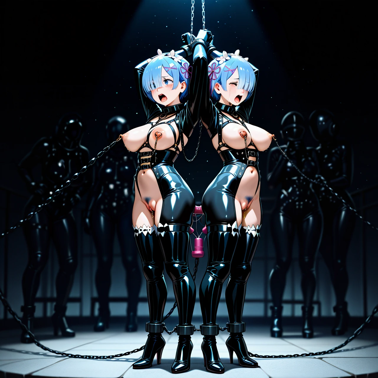 2 girls,, @ram and @rem, body harness, crying face, open eyes, bdsm suit,, screaming, nipple torture, nipple  piercing, clitoris piercing, pubic hair, high heels long boots, only girls, full body,, anal torture, chained nipples to each other,