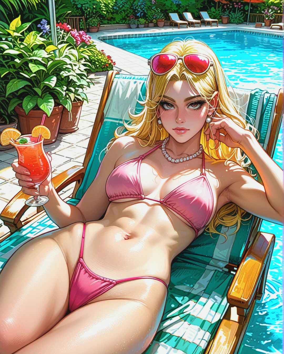 francine smith from american dad, blonde hair, pink bikini, thong pulled high up on hips, sunglasses on head, pearl necklace, holding cocktail, laying in deck chair, sunbathing, garden pool, sunny