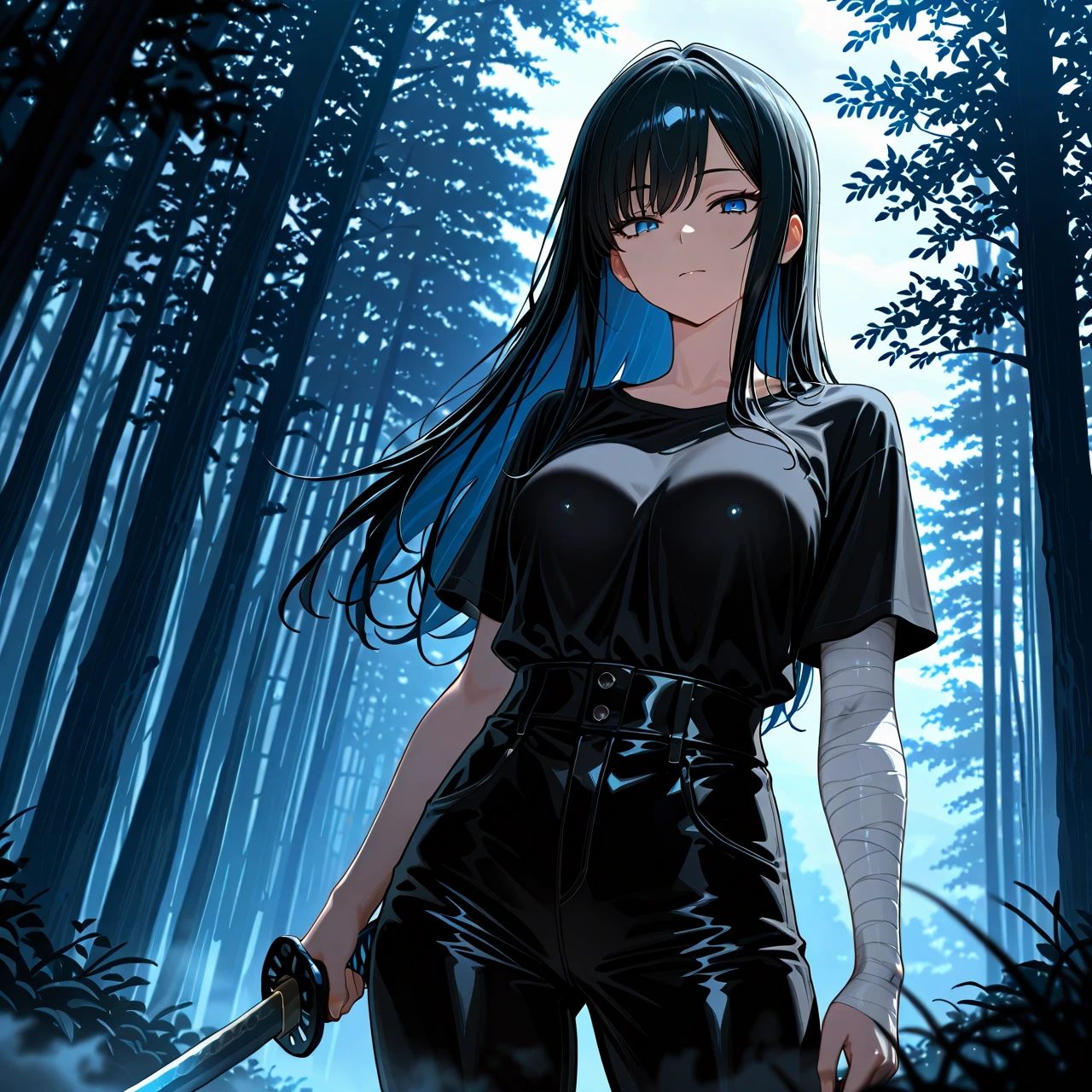 Long black hair. Big blue eyes. Black free pants. A black Open silk shirt at the neck. Bandages on his arms. Indifferent face. Night. Forest.  Dark. Night. Fog. Young. Black blue katana. Cloudy, no light coming through. No light. Thick fog.