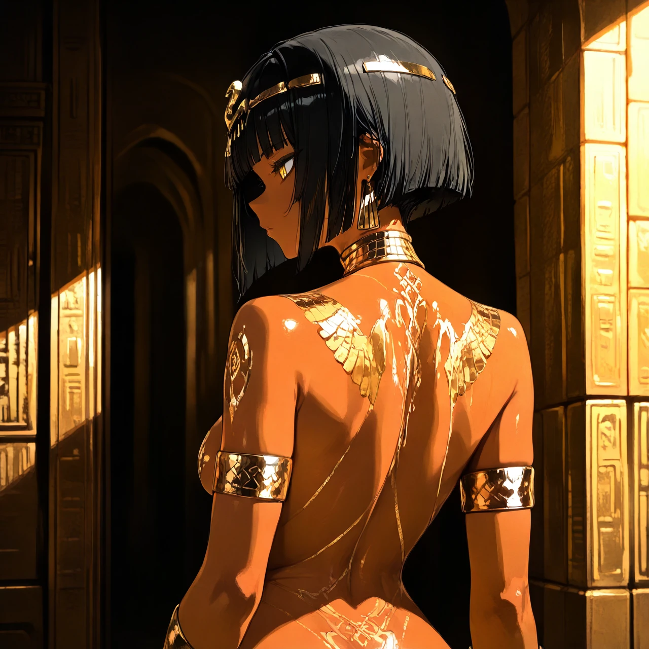 Egyptian, dark skin, bob haircut, naked, gold markings, gold eyes