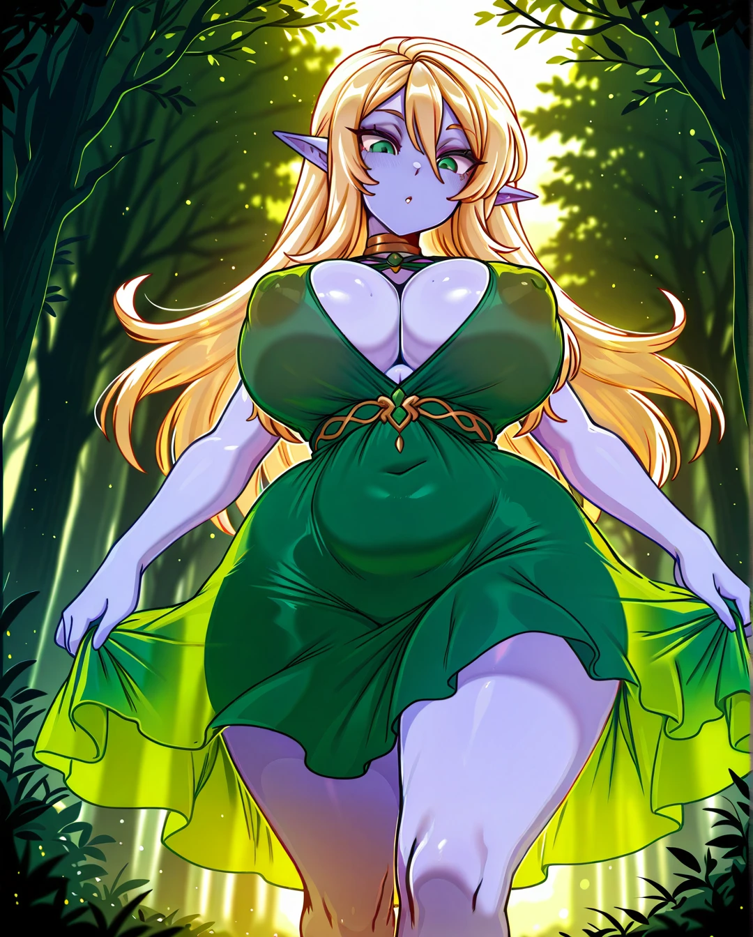 elf, Light Purple Skin, Blonde, merunyaa, solo, long hair, wide hips, (plump), (huge_breasts), puffy nipples, see-through green skirt sundress, functionally nude, no underwear, walking, dark forest