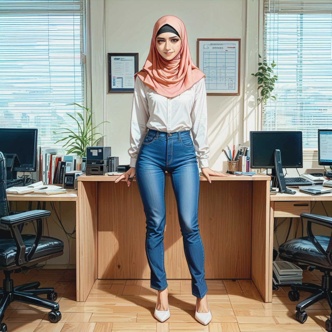 Skinny tall asian anime girl flat chested wearing hijab, long sleeved dress and slim fit jeans, indoor in office, tired eyes, smiling weakly, full body standing, anal open insert