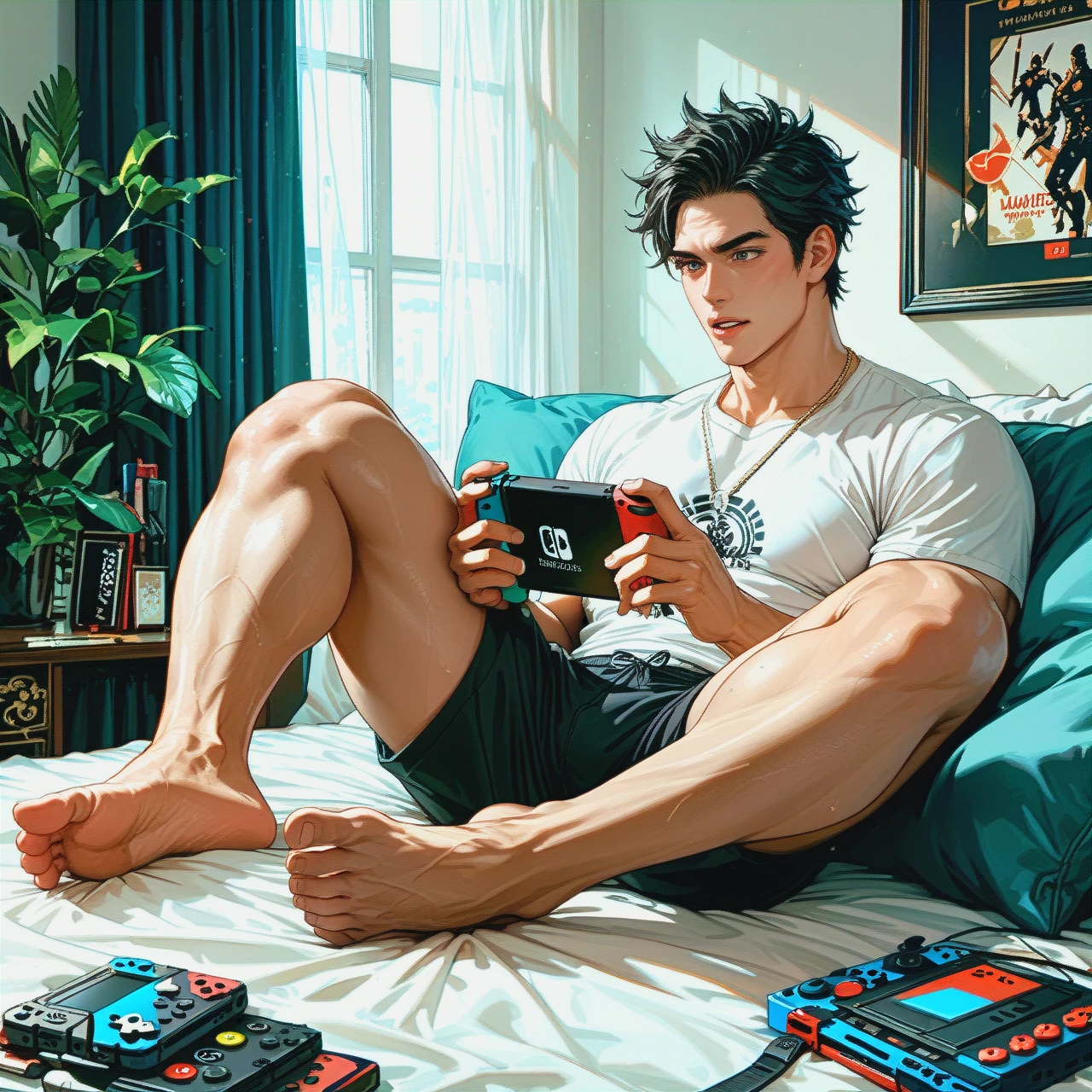 Guy licks on the bed and plays on the  Nintendo Switch, (full_body) , He looks at his console