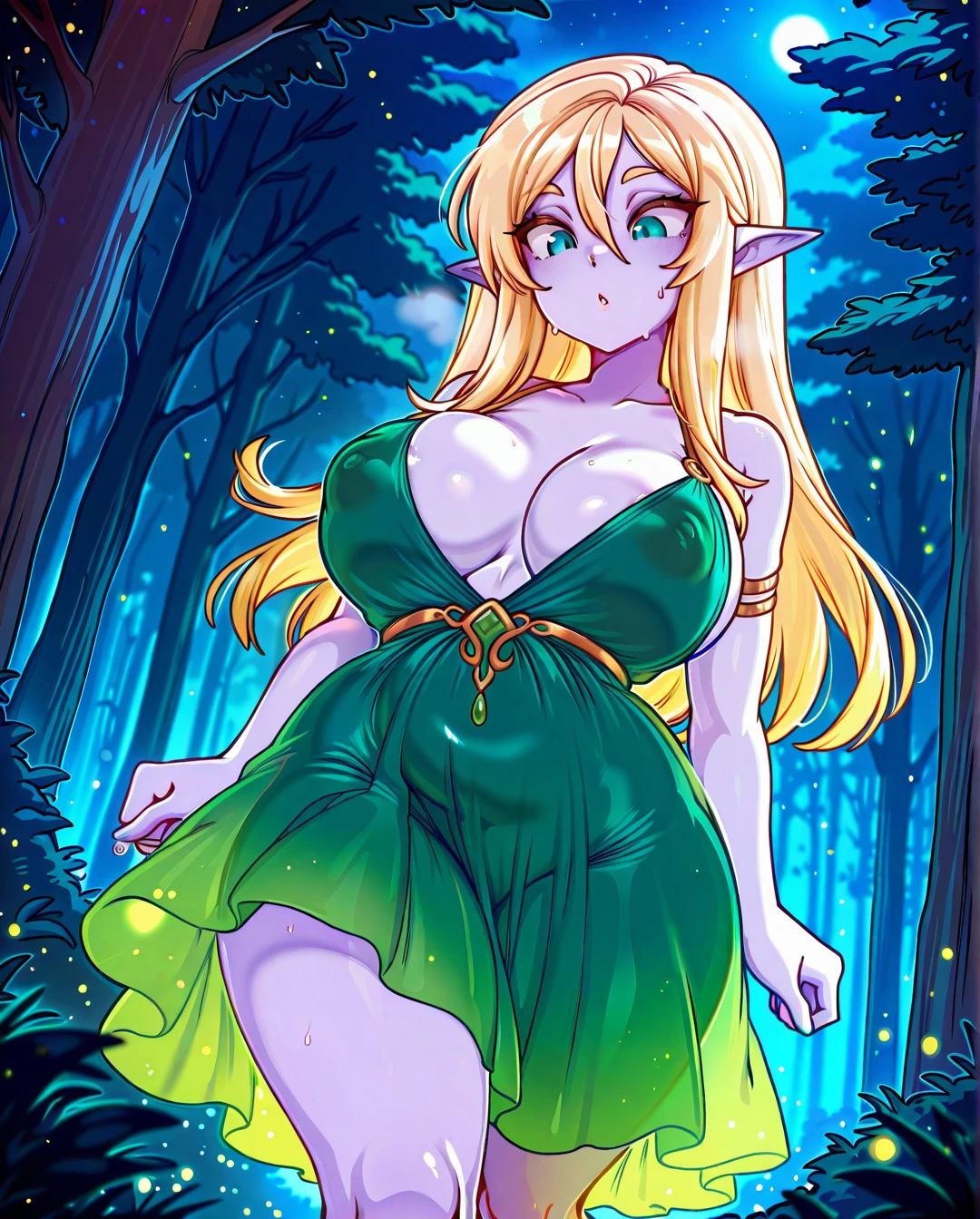 elf, Light Purple Skin, Blonde, merunyaa, solo, long hair, wide hips, (plump), (huge_breasts), puffy nipples, see-through green flare skirt sundress, functionally nude, no underwear, walking, night, forest