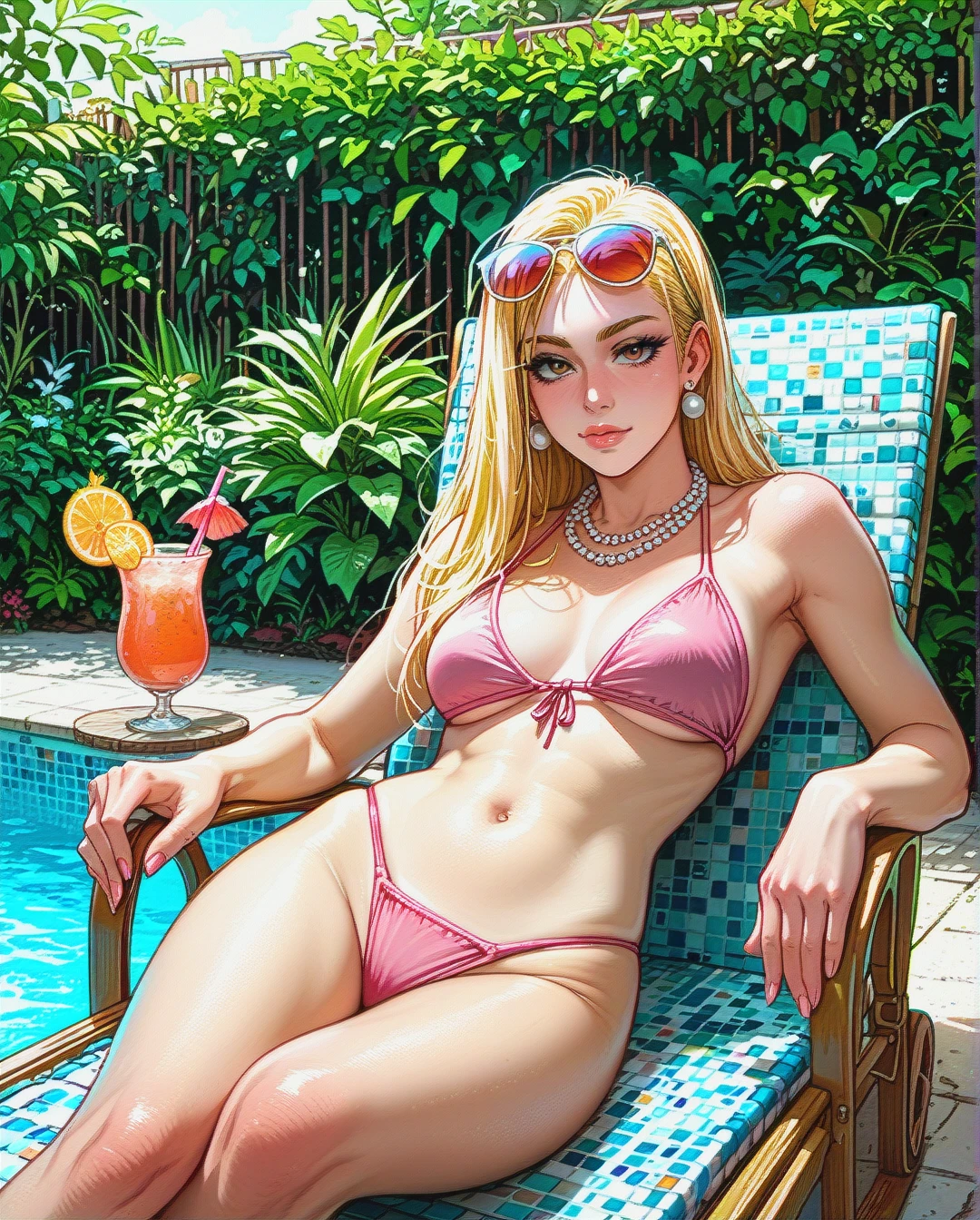 francine smith from american step dad, blonde hair, pink bikini, thong pulled up on hips, sunglasses on head, pearl necklace, holding cocktail, laying in deck chair, sunbathing, garden pool, sunny