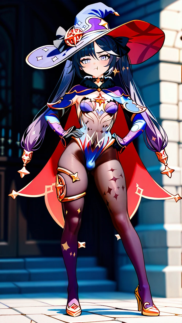 @mona, (otoko_no_ko), witch_hat, blue_hair, (grey_eyes), (pout), pointy_ears, elbow_gloves, penis_bulge, erection_under_clothes, (flat_chest), tights, highheels, slim_legs, (legs_apart), (hands_on_hips),