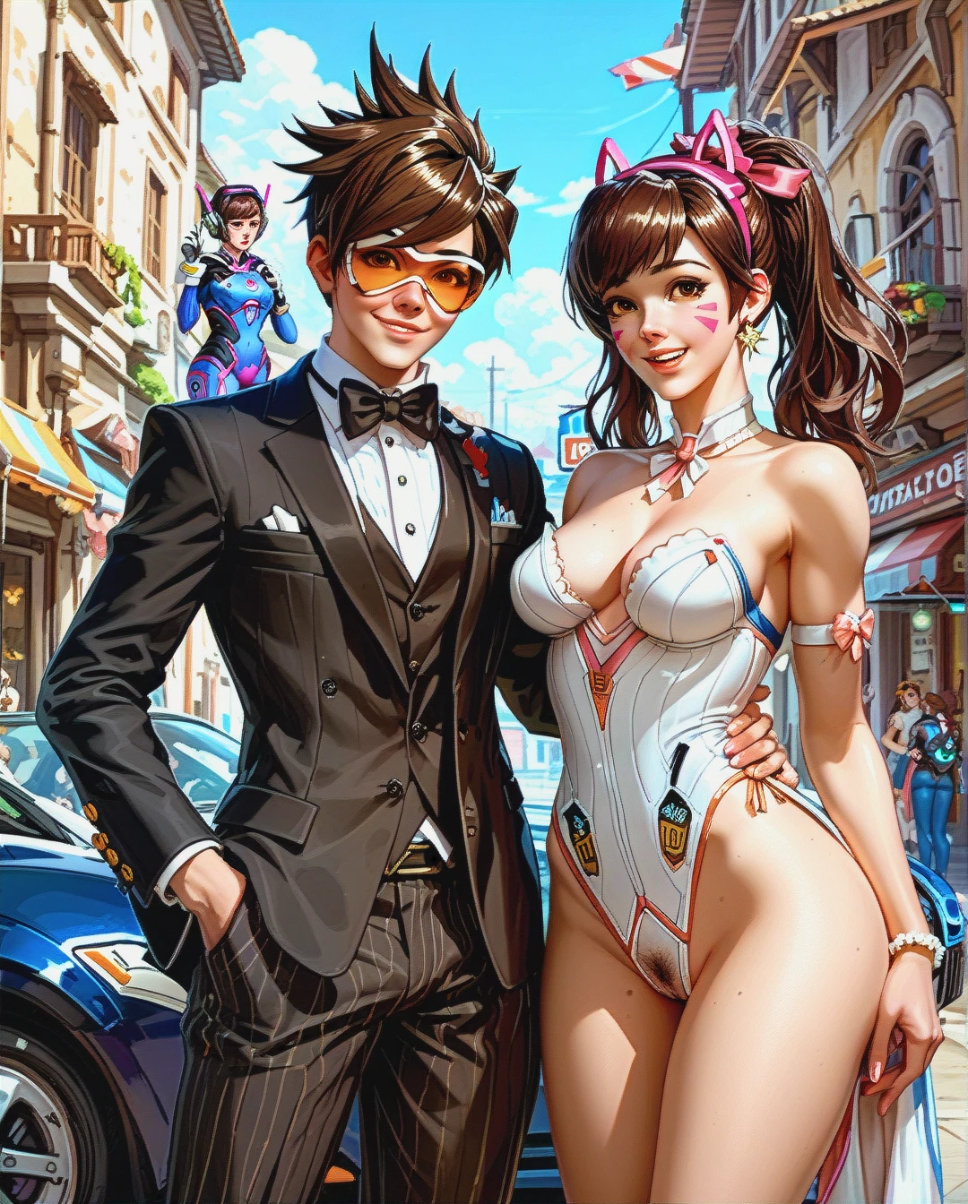 2 girls, @d.va, @tracer, happy, tuxedo, trousers down halfway , pubic hair,