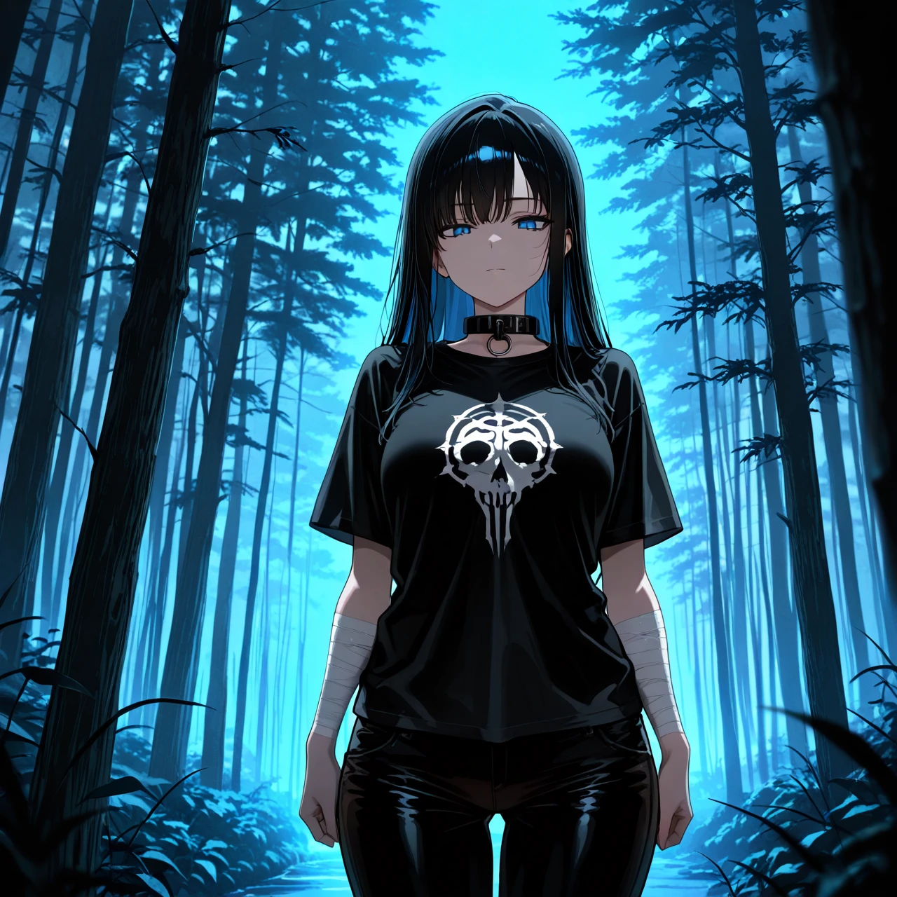 Long black hair. Big blue eyes. Black free pants. A black T-shirt with a collar. Bandages on his arms. Indifferent face. Night. Forest.  Dark. Night. Fog. Young.