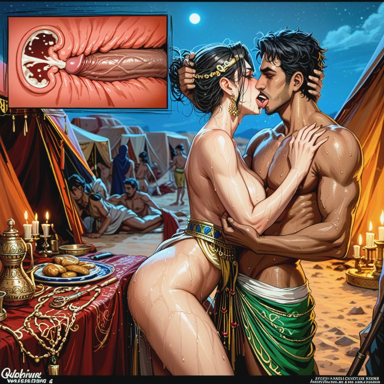 Arabian female, deep thrusting, anime style, plapping,sweaty,naked,(internal_cumshot),(annoyed),on side dp,Submission,arabian male,ferocity,(undressing),arabian night,desert,tent,orgy,gangbang,(closed_eyes),(reach-around),candle,moan ,in love,tongue lick,arabian skirt ,arabian makeup,undressing,(three_sided_view),henna,pain,arabian accessory,standing sex,wet hair ,comic,fans,(multiple_views),seducing him,tying hair