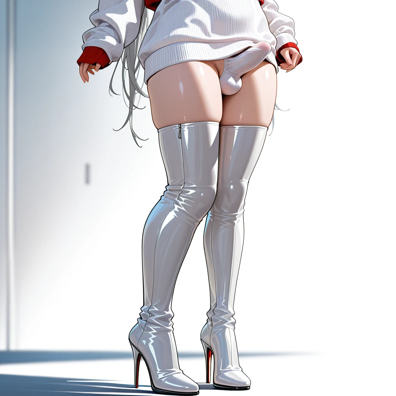 (otoko_no_ko), white_sweater, highheels, penis_bulge, erection_under_sweater, highheels, white_high_thigh_boots, (smile), pointy_ears, white_eyelashes, silver_hair, (red_eyes), blush, (standing), twin_ponytails, full body, (looking_to_the_side)