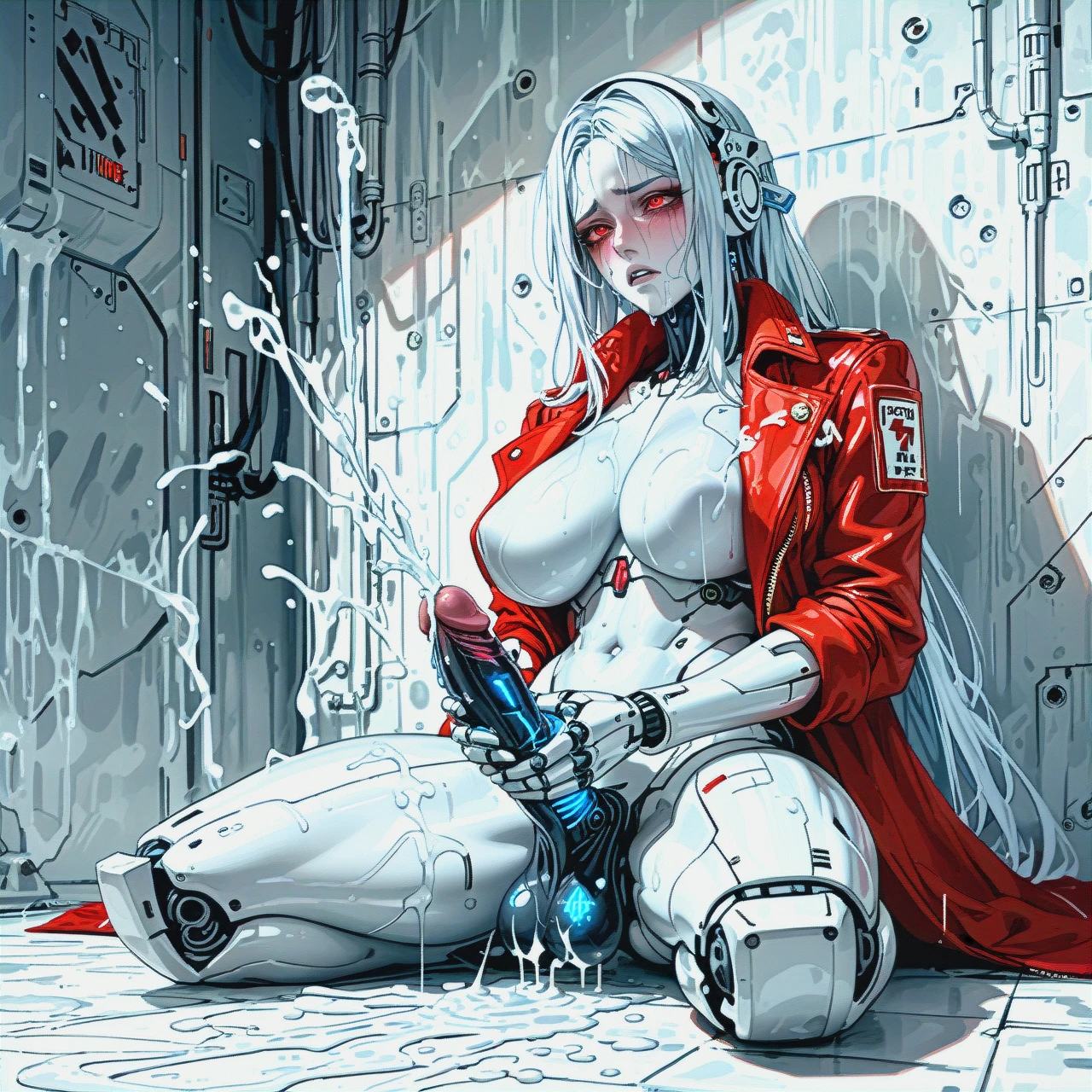 woman with white shoulder length hair. fair skin. big breasts. robot. red jacket. white robotic body. red eyes. calm expression. cold face. no blush. no makeup .  (futanari) . (futanari_masturbation) . futa emit a large number climax white liquid . climax face . full-length (looking_afar) .