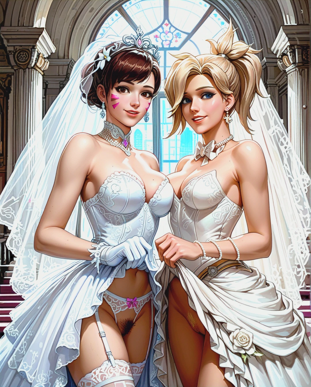 2 girls, @d.va, @mercy, happy, wedding dress, skirt lifted, garter belt, pubic hair,