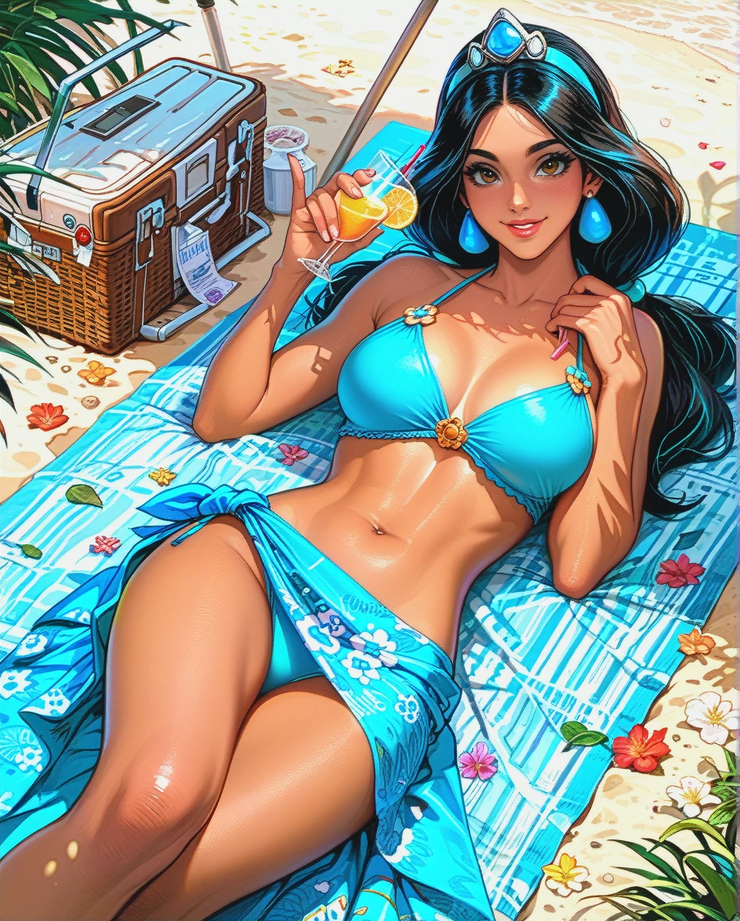 @princess_jasmine, brown skin, blue bikini, shear blue sarong, flower print, raised sunglasses, sunbathing, holding drink, laying on beach towel, looking at viewer, smiling,